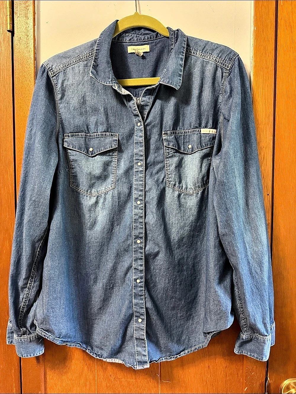 Calvin Klein Jeans Denim Button Down Shirt Blue XL vintage distressed snap shirt